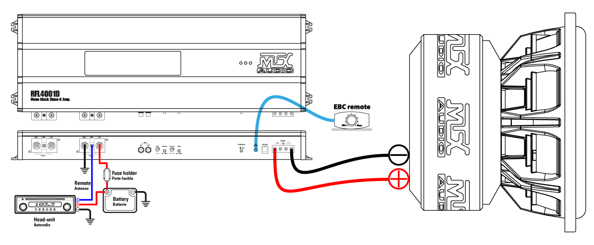 #1. Un amplificateur RFL4001D se connecte parfaitement avec un subwoofer RFL15 (2Ω)