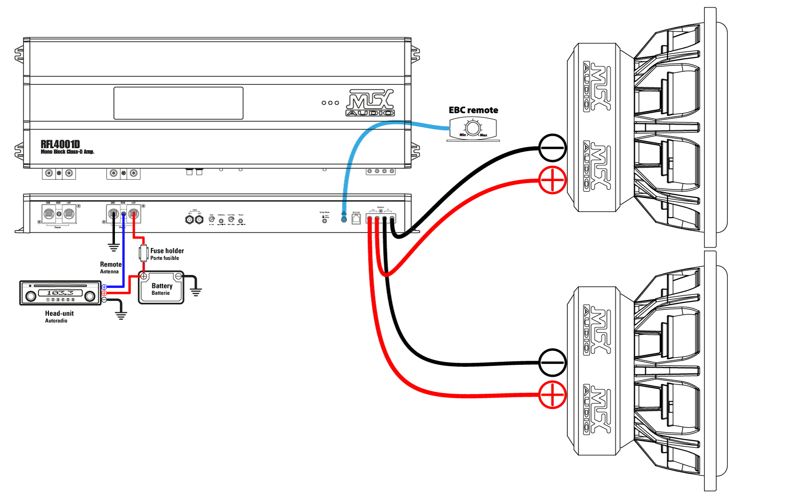 #2. Un amplificateur RFL4001D se connecte parfaitement avec deux subwoofers TX815 (1Ω)